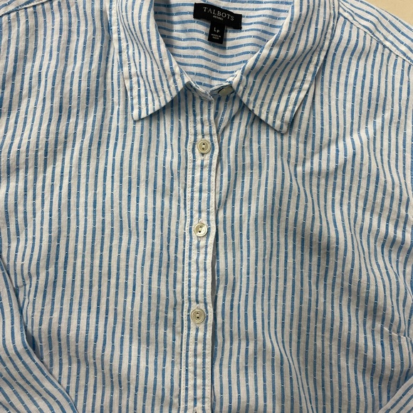 Talbots linen blue and white stripe button down size Large Petite - Picture 2 of 5